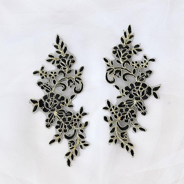 Embroidered Floral Lace Applique Pair: Bridal Gown Embellishment
