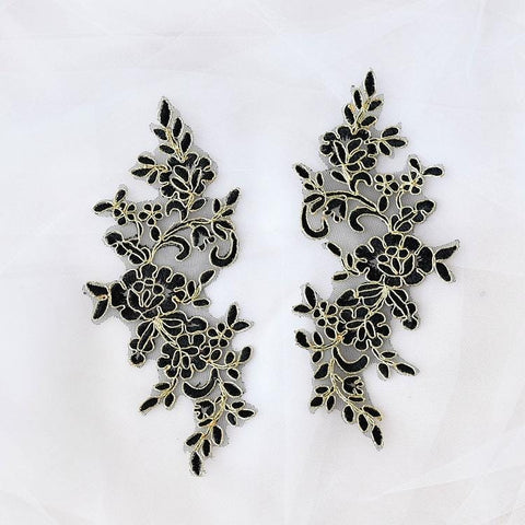 Embroidered Floral Lace Applique Pair: Bridal Gown Embellishment