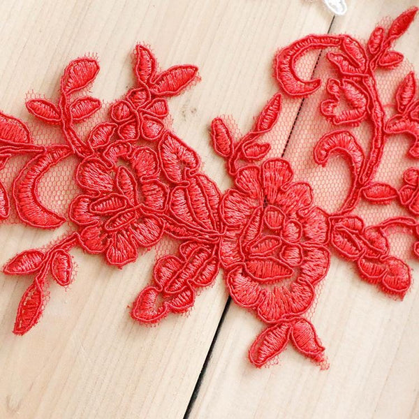 Embroidered Floral Lace Applique Pair: Bridal Gown Embellishment