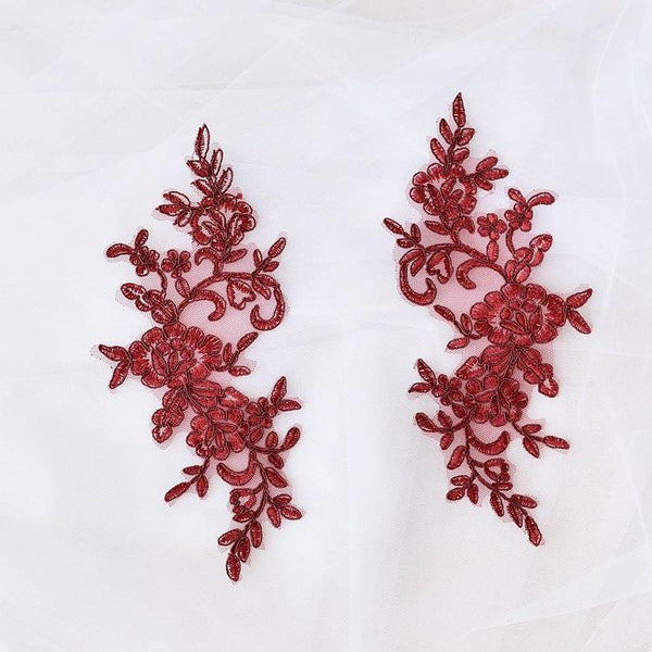 Embroidered Floral Lace Applique Pair: Bridal Gown Embellishment