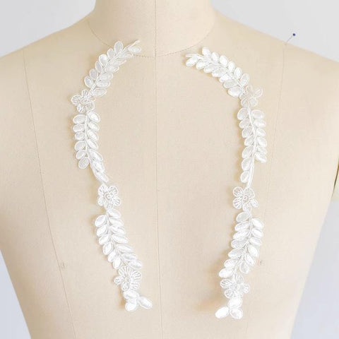 Floral Embroidered Lace Applique Pair: Bridal Gown Embellishment