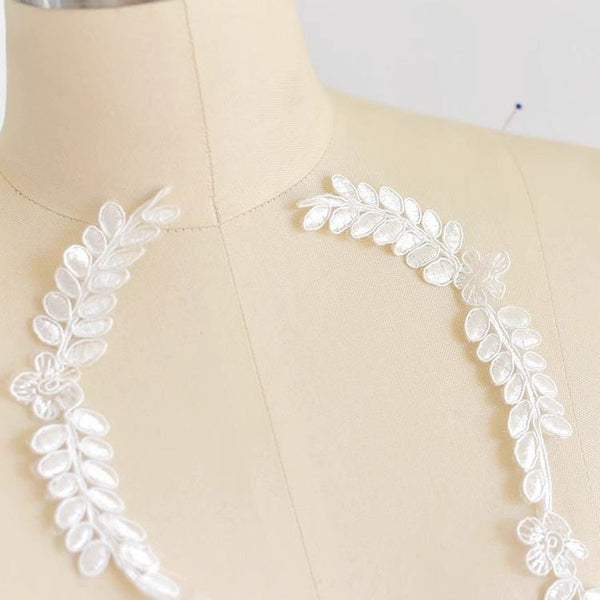 Floral Embroidered Lace Applique Pair: Bridal Gown Embellishment