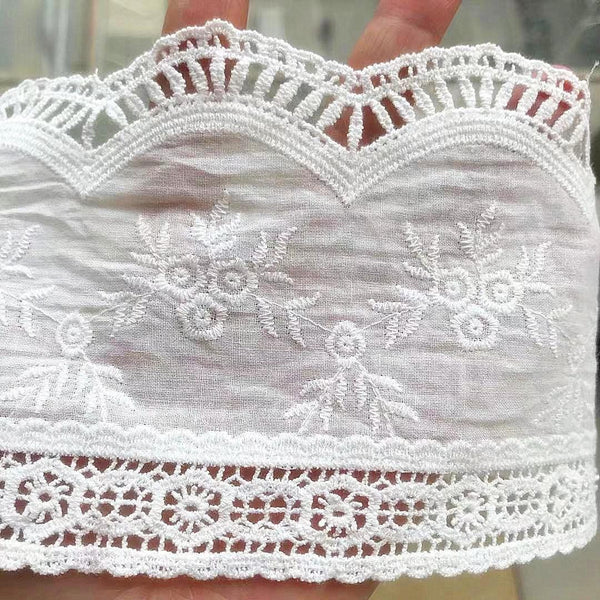 Scalloped Cotton Lace Trim: White Broderie Anglaise Sewing Embellishment, 4 inches wide, priced by the yard