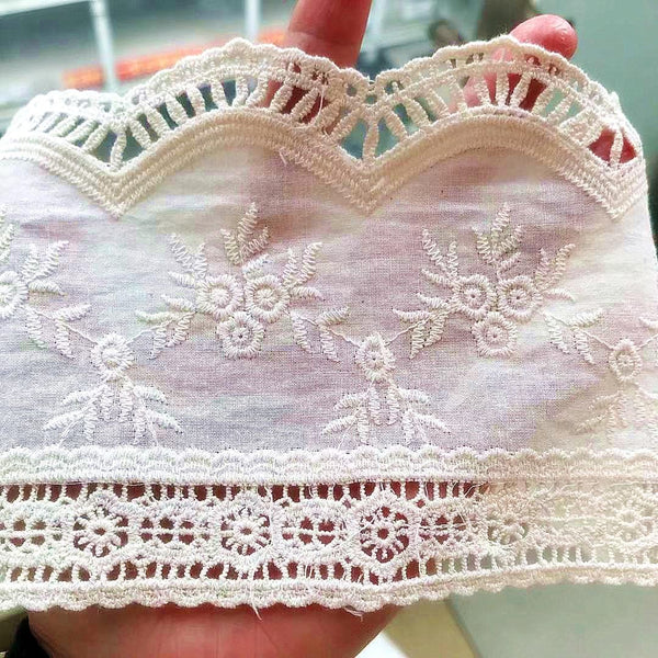 Scalloped Cotton Lace Trim: White Broderie Anglaise Sewing Embellishment, 4 inches wide, priced by the yard