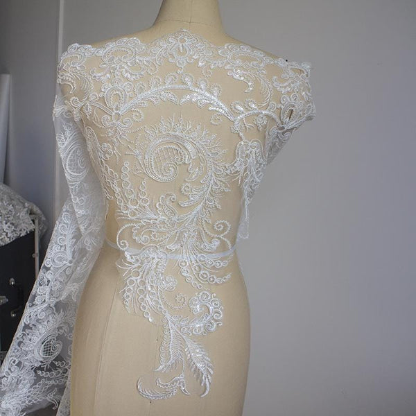 Sequin Bridal Lace Trim: White Wedding Dress Fabric, 25.5" Wide