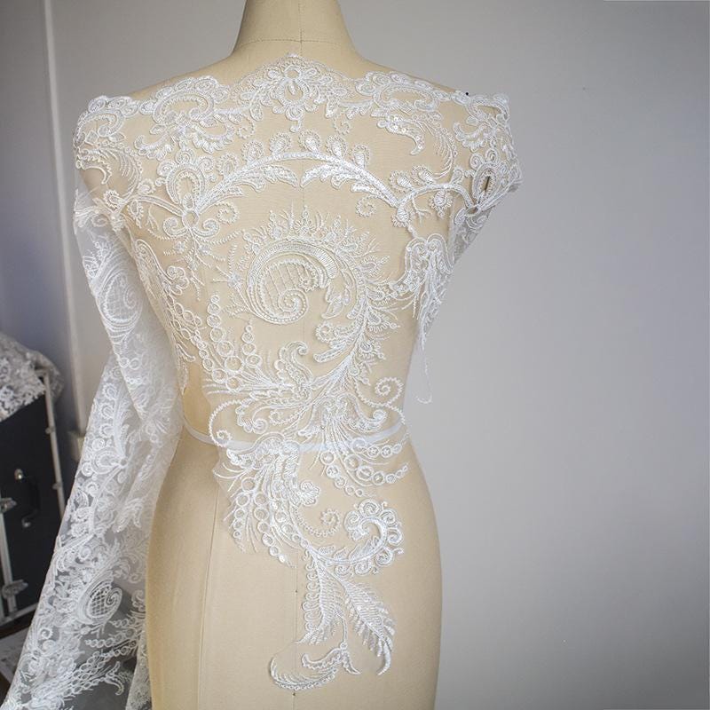 Sequin Bridal Lace Trim: White Wedding Dress Fabric, 25.5" Wide