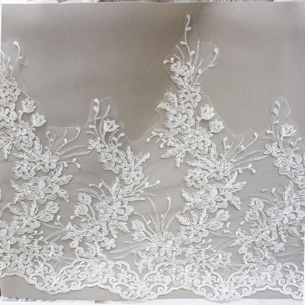 White Alencon Lace Trim with Sequins: Bridal Dress Embellishment