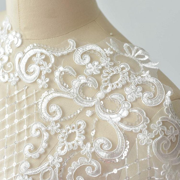 White Alencon Lace Trim with Sequins: Bridal Dress Embellishment