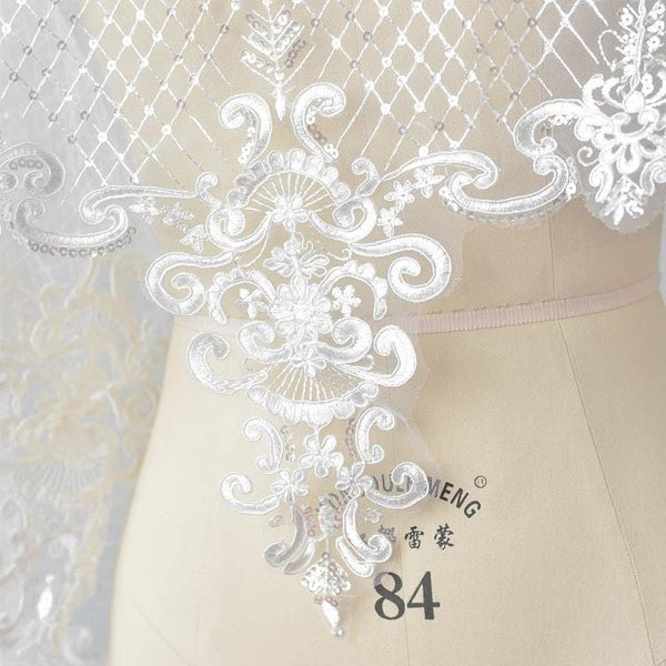 White Alencon Lace Trim with Sequins: Bridal Dress Embellishment