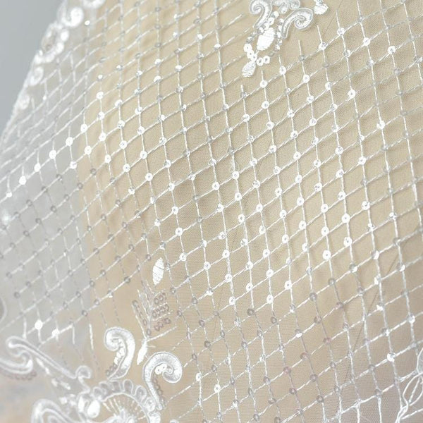 White Alencon Lace Trim with Sequins: Bridal Dress Embellishment
