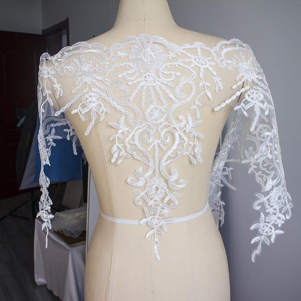 White Alencon Lace Trim with Sequins: Bridal Dress Embellishment