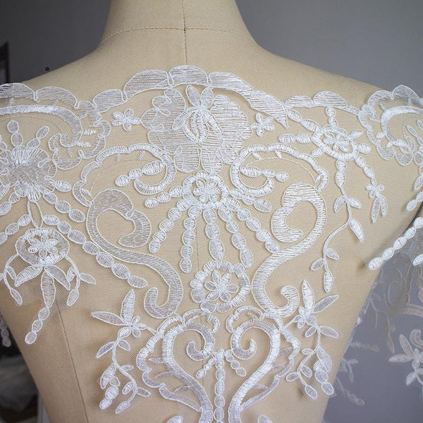White Alencon Lace Trim with Sequins: Bridal Dress Embellishment