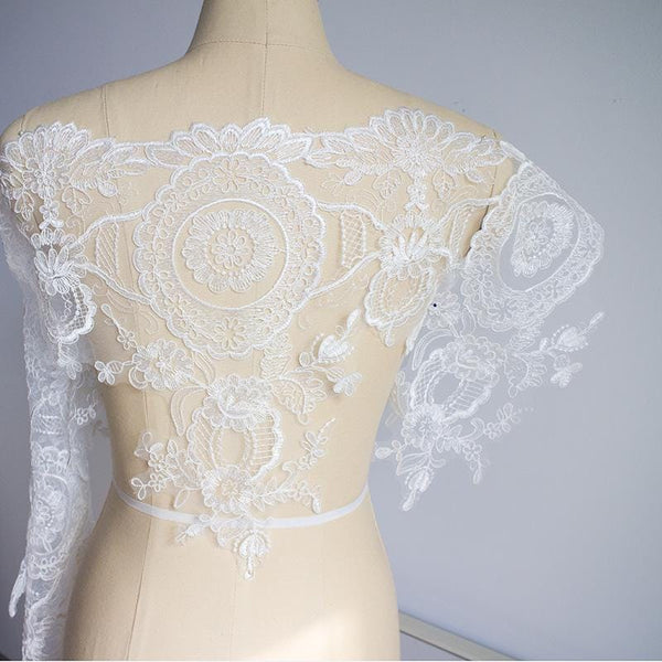 White Alencon Lace Trim with Sequins: Bridal Dress Embellishment