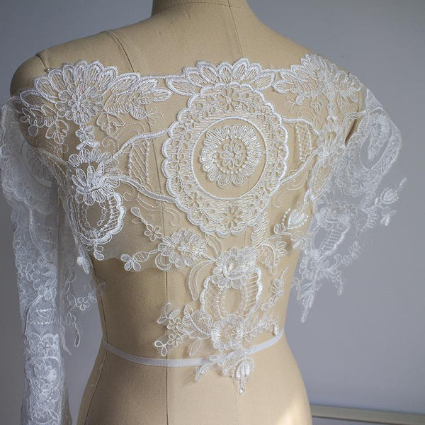 White Alencon Lace Trim with Sequins: Bridal Dress Embellishment