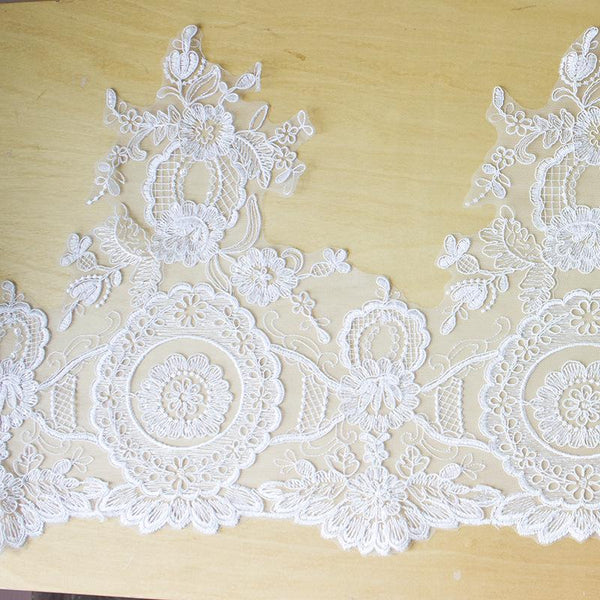 White Alencon Lace Trim with Sequins: Bridal Dress Embellishment