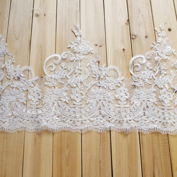 White Bridal Alencon Lace Trim with Sequins: Wedding Dress Embellishment
