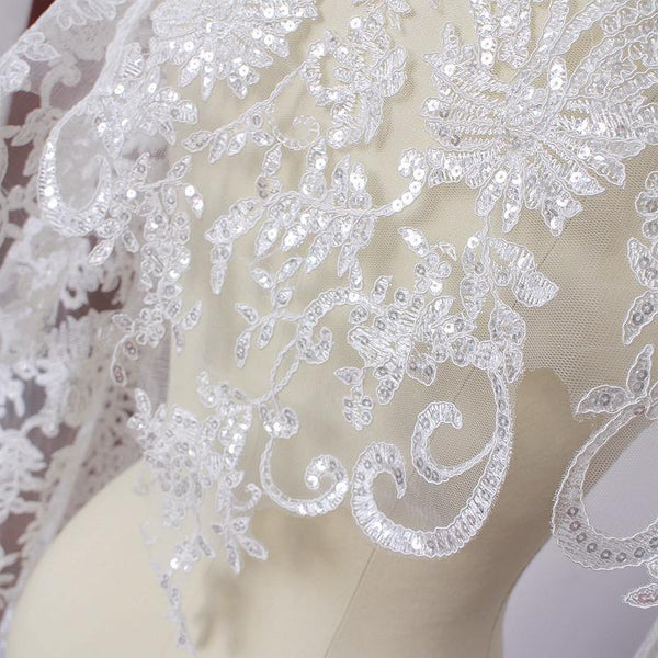 White Bridal Alencon Lace Trim with Sequins: Wedding Dress Embellishment