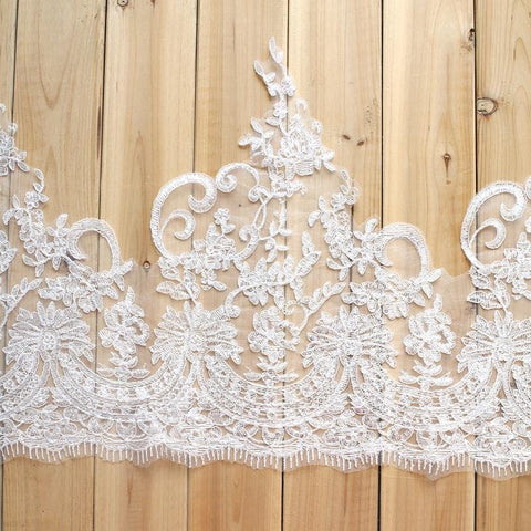 White Bridal Alencon Lace Trim with Sequins: Wedding Dress Embellishment