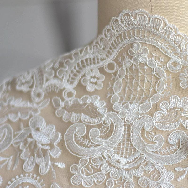 White Alencon Lace Trim with Sequins: Bridal Dress Embellishment