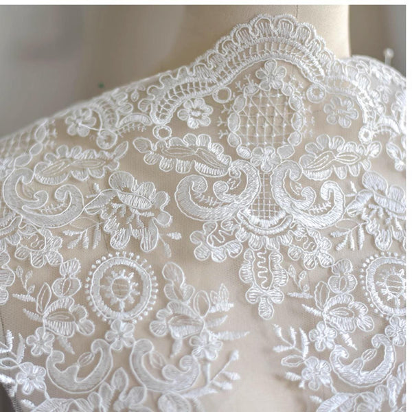 White Alencon Lace Trim with Sequins: Bridal Dress Embellishment
