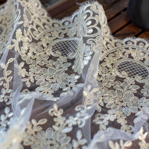 White Alencon Lace Trim with Sequins: Bridal Dress Embellishment