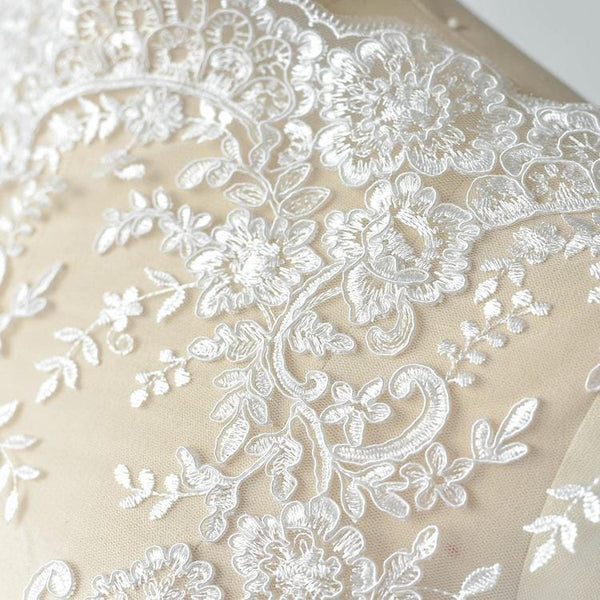 White Alencon Lace Trim with Sequins: Bridal Dress Embellishment