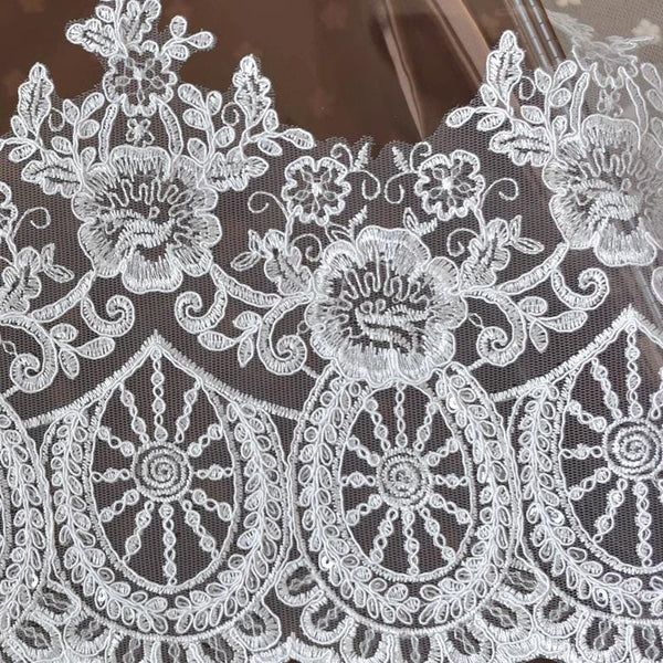 Sequin Bridal Lace Trim: White Wedding Dress Fabric, 9 7/8" Wide