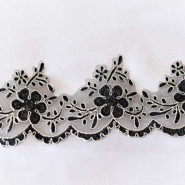 Black & Gold Alencon Bridal Lace Trim: Elegant Dress Embellishment