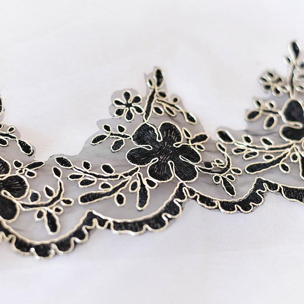 Black & Gold Alencon Bridal Lace Trim: Elegant Dress Embellishment
