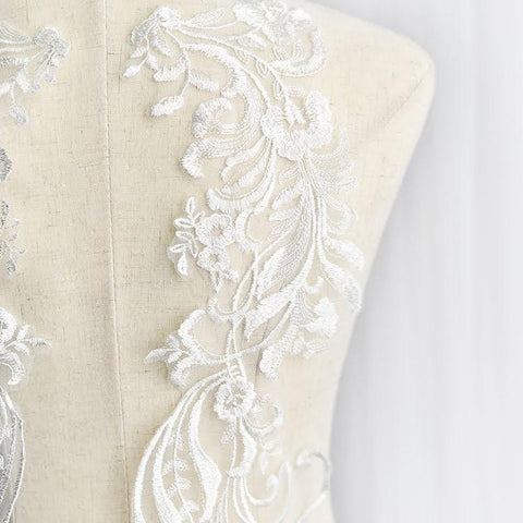 Lace Bridal Applique Pair for Wedding Dress | White Floral Embroidery Trim | Vintage Lace Decorations