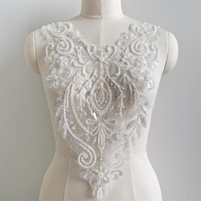 Beaded Lace Wedding Dress Applique: Elegant Bridal Bodice Trim