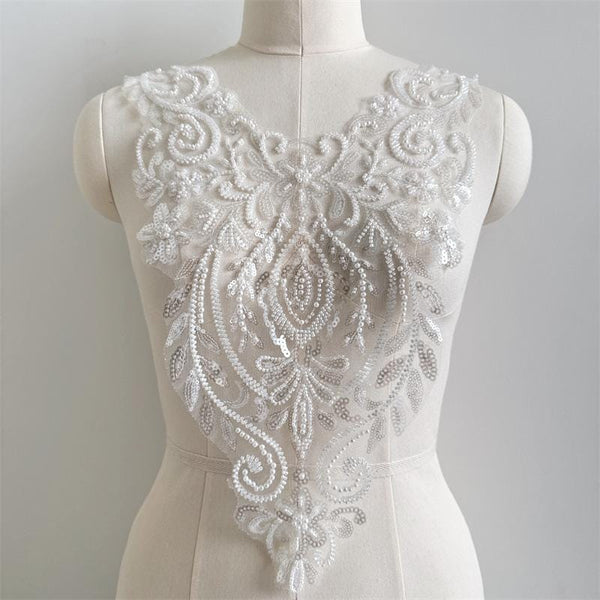 Beaded Lace Wedding Dress Applique: Elegant Bridal Bodice Trim