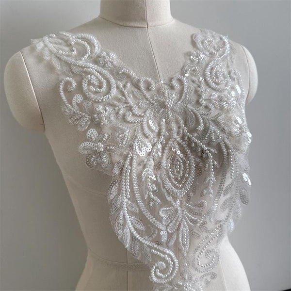 Beaded Lace Wedding Dress Applique: Elegant Bridal Bodice Trim