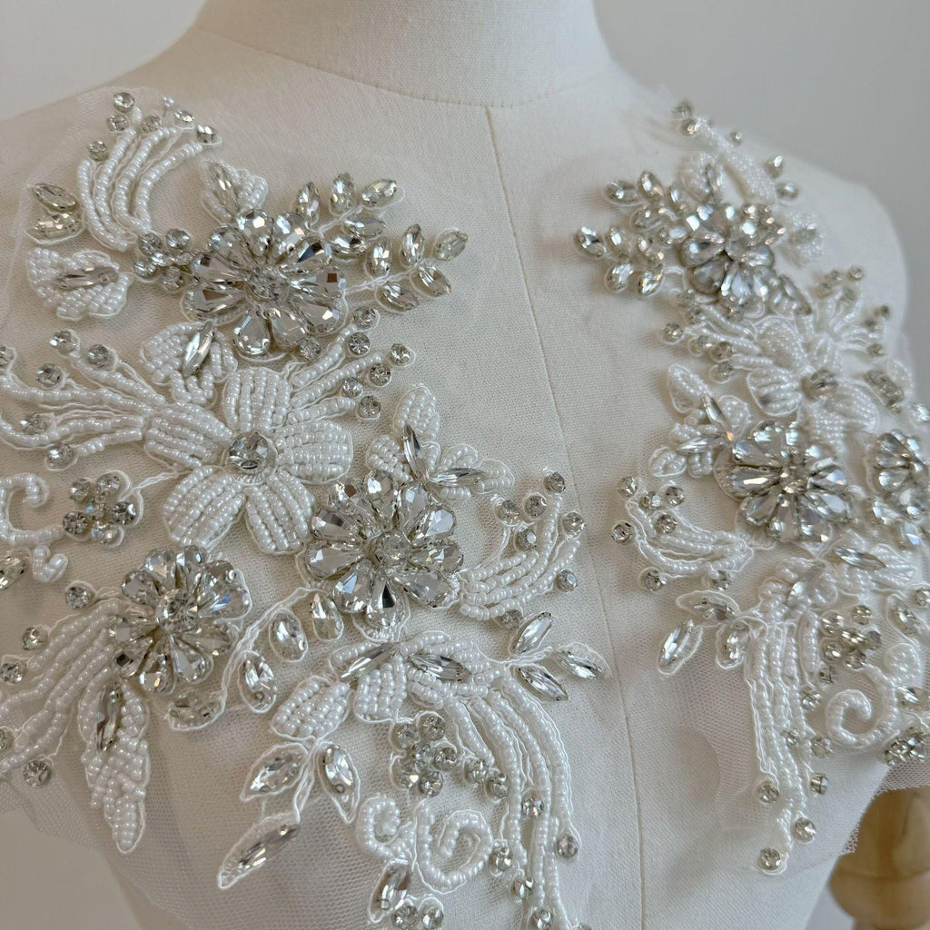 Beaded Lace Applique Pair: Elegant Bridal Bodice Trim