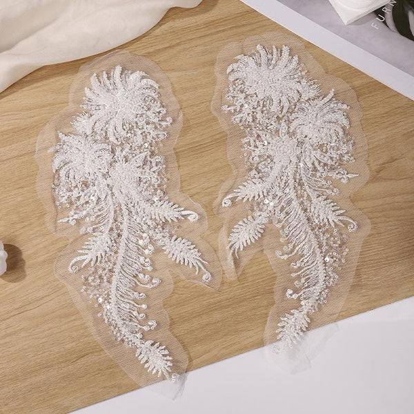 Beaded Lace Applique Pair: Elegant Bridal Bodice Trim