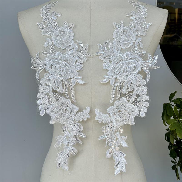 Beaded Lace Applique Pair: Elegant Bridal Bodice Trim
