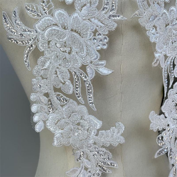 Beaded Lace Applique Pair: Elegant Bridal Bodice Trim