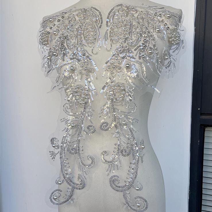 Sequin Lace Applique Pair: Elegant Bridal Bodice Trim