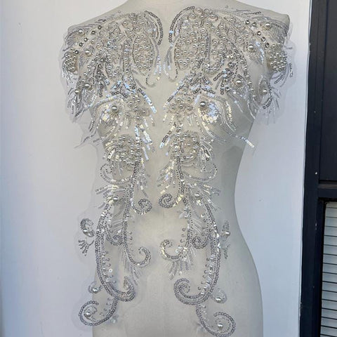 Sequin Lace Applique Pair: Elegant Bridal Bodice Trim