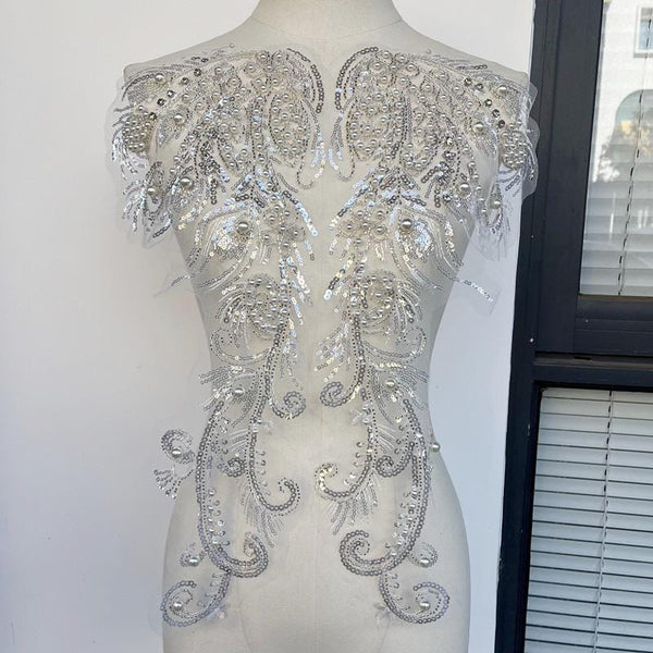 Sequin Lace Applique Pair: Elegant Bridal Bodice Trim