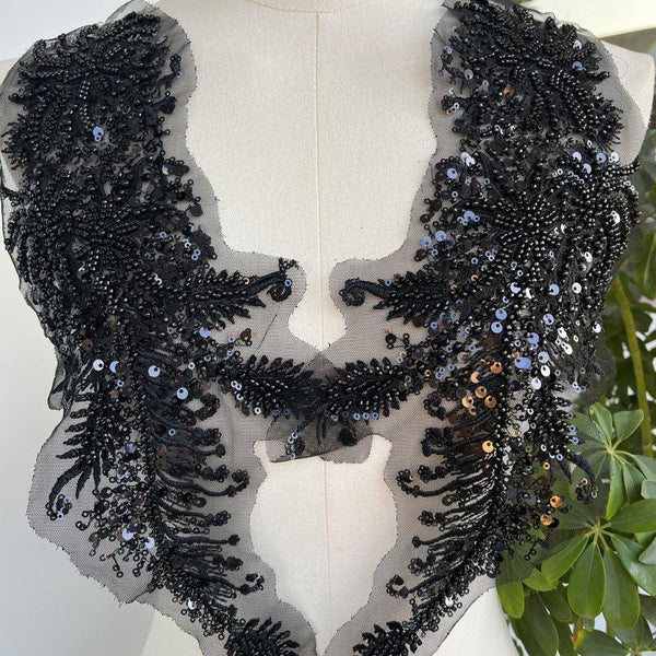 Beaded Lace Applique Pair: Elegant Bridal Bodice Trim