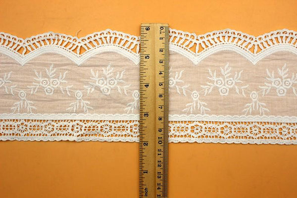 Scalloped Cotton Lace Trim: White Broderie Anglaise Sewing Embellishment, 4 inches wide, priced by the yard
